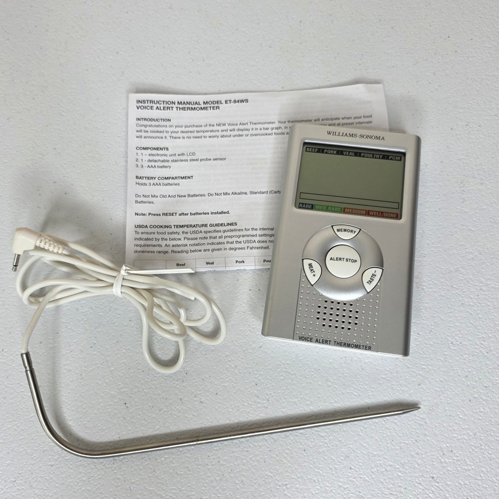 Williams Sonoma Voice Alert Thermometer Silver ET-84WS Digital Probe Battery Op